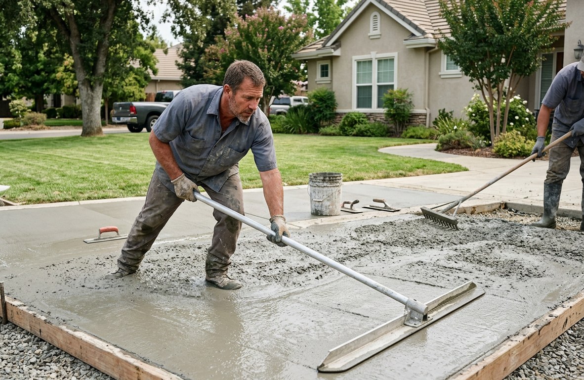 Concrete crew finishing a fresh residential driveway pour in Woodland, California