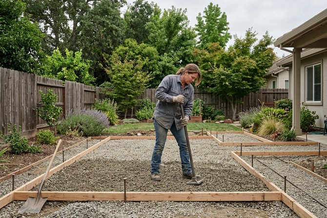 Worker compacting sub-grade with a plate compactor before a concrete pour