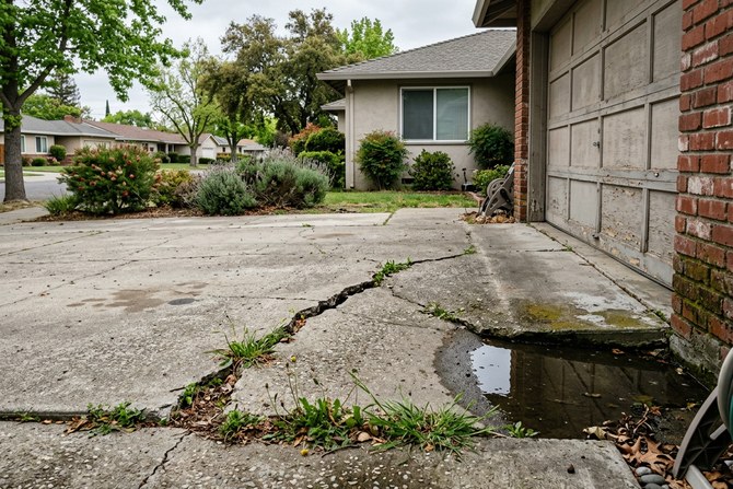 Cracked and sunken concrete driveway with water pooling at the corner
