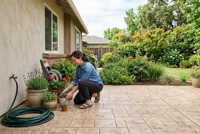 Stamped concrete patio with a stone pattern and warm color