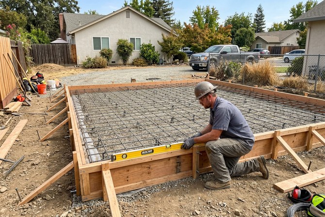 Concrete foundation footings with forms and rebar ready for a pour