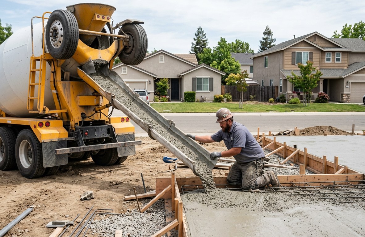 Concrete truck pouring a slab on a residential job site in Woodland, California