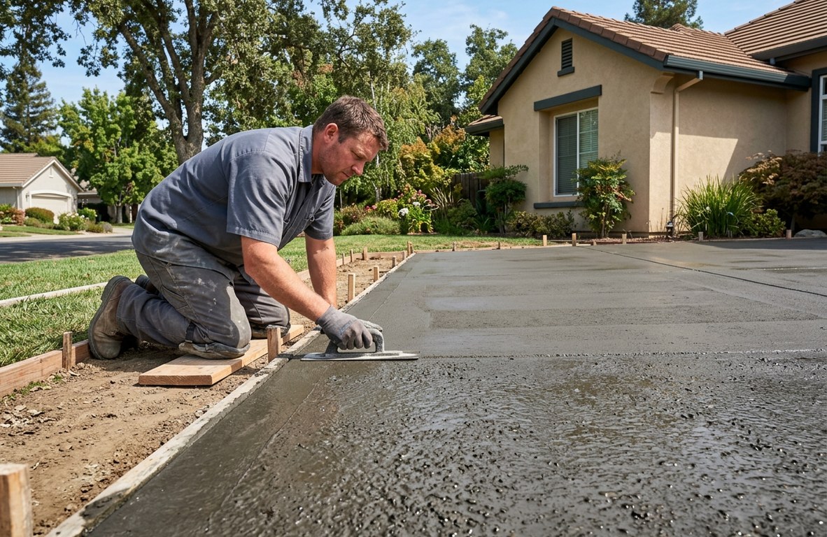 Freshly poured concrete driveway with a worker finishing the surface in Woodland