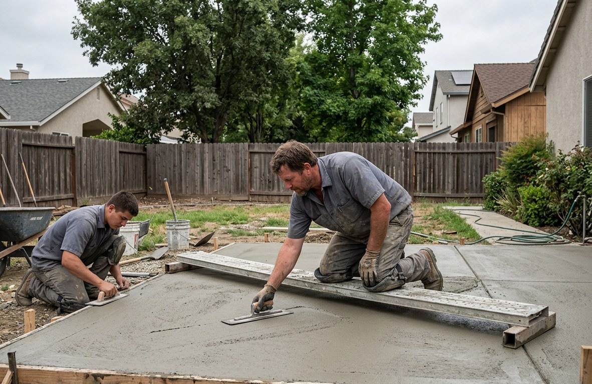 Concrete patio being finished with a trowel in a Woodland backyard