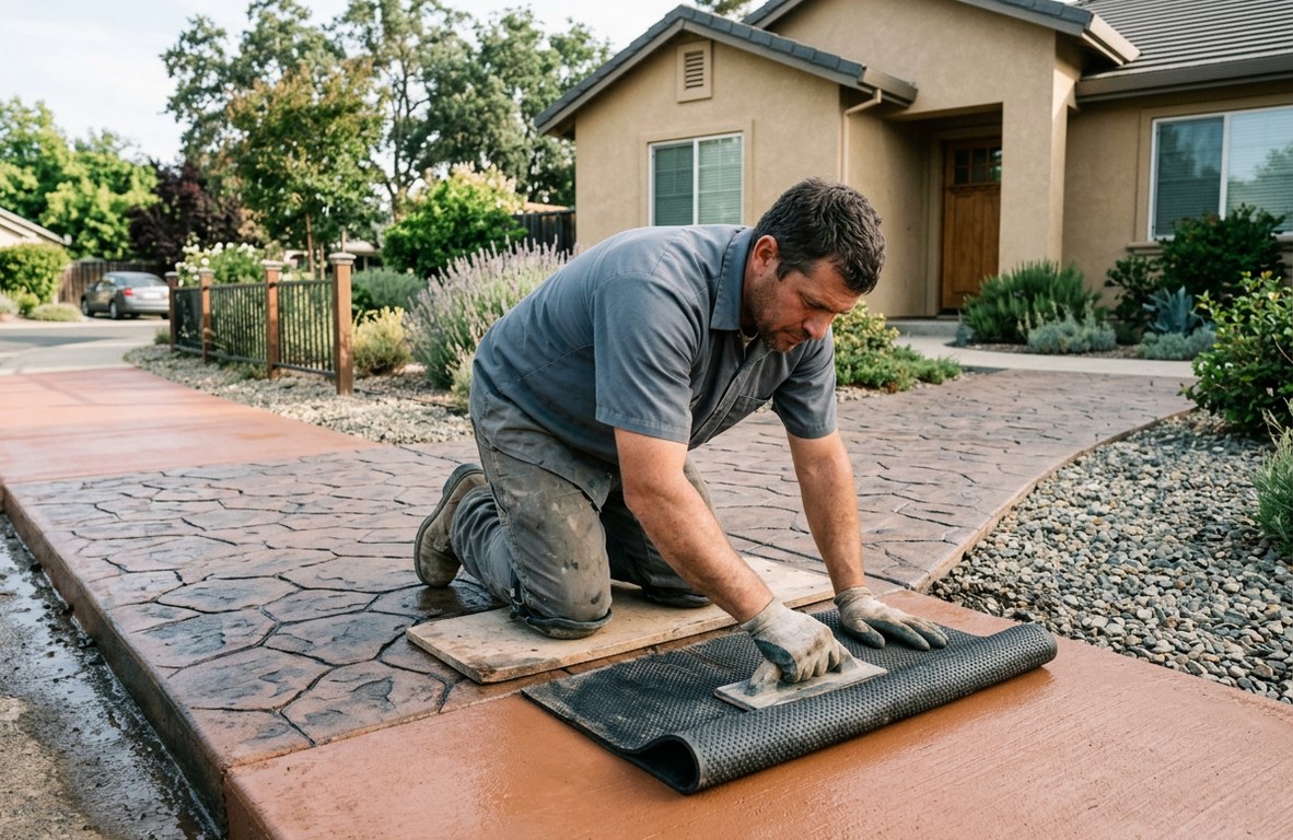 Stamped concrete walkway with a stone pattern and warm color in Woodland
