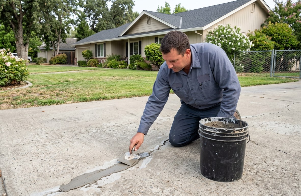 Worker repairing a cracked concrete driveway with a trowel in Woodland