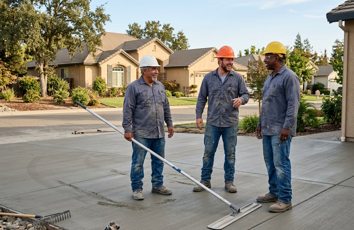 Concrete crew talking with a homeowner on a finished driveway in Woodland