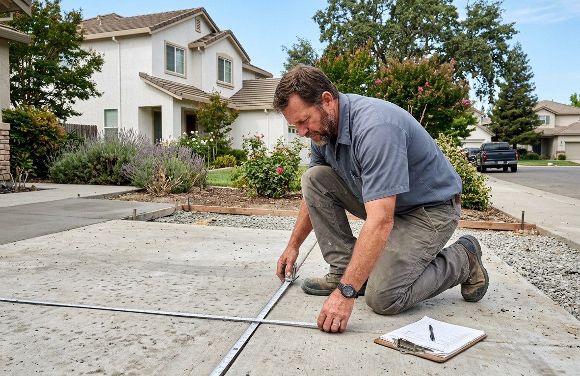 Concrete contractor measuring a job site with a tape measure in Woodland